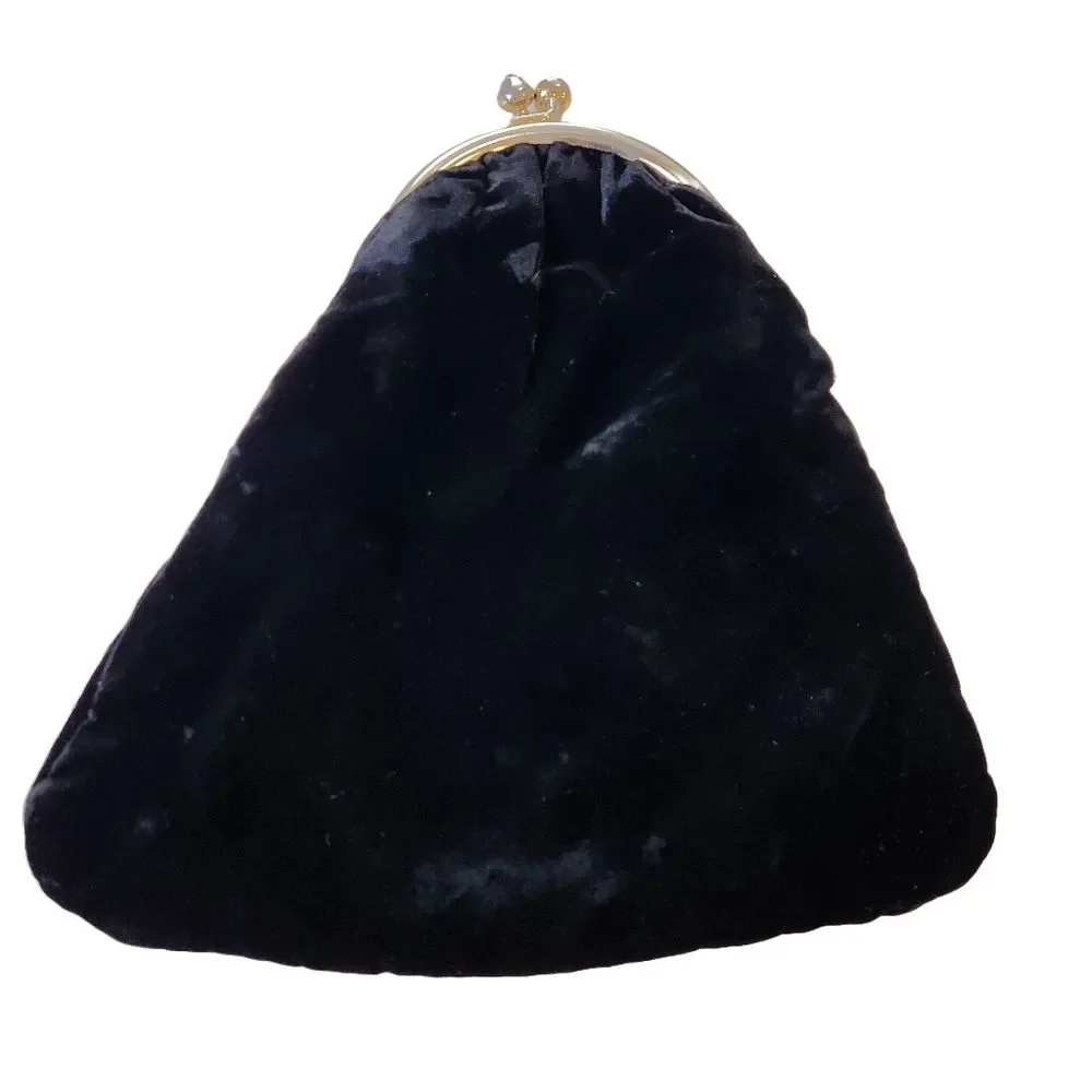 Vintage Black Velvet Fold Over Clutch Evening Bag Rhinestone Clip Frame Retro